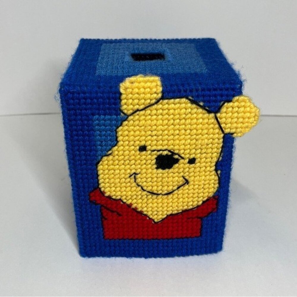 Vtg Winnie the Pooh Bear Tissue Box Cover Handmade Plastic Canvas Cross Stitch